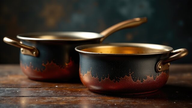 A pair of ceramic pots sit on top of a wooden table
