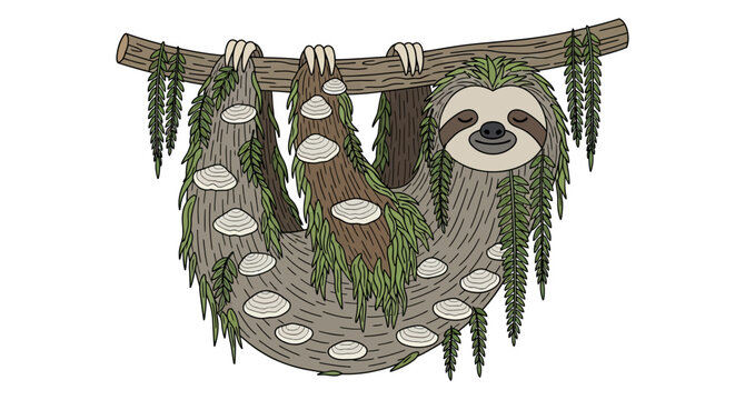 Cute sloth hanging on tree branch with moss and mushroom accents in cartoon style
