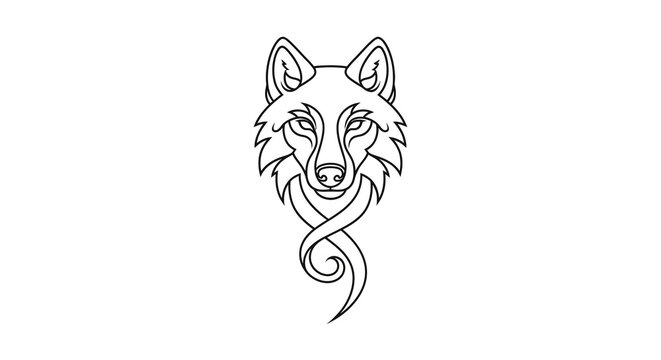 Intricate linear wolf emblem with tribal elements on white background