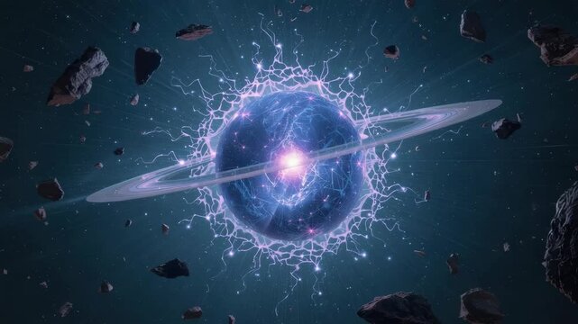 Electric blue planet with glowing ring and electric corona asteroid field electrified blue planet