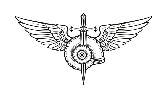 Winged shell with sword emblem: detailed monochrome tattoo design