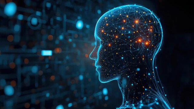 Futuristic neural network human silhouette brain connection glowing blue orange with warm sparks
