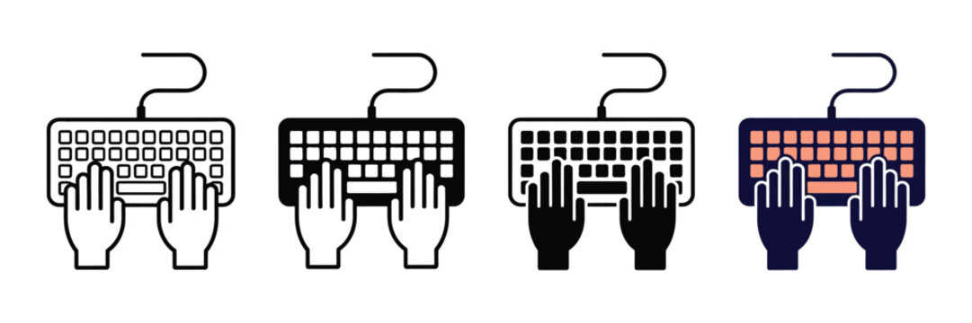 Set of four minimalist computer keyboard typing icons featuring hands on qwerty keys for web design projects and digital interface development vector graphics