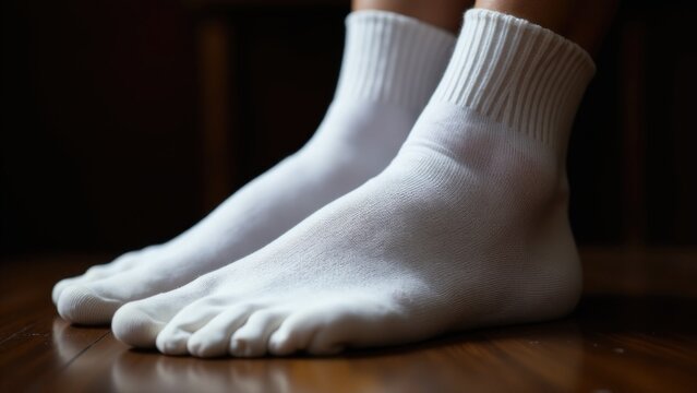 A close-up view of a person's feet wearing white socks, ideal for use in fashion or lifestyle photography