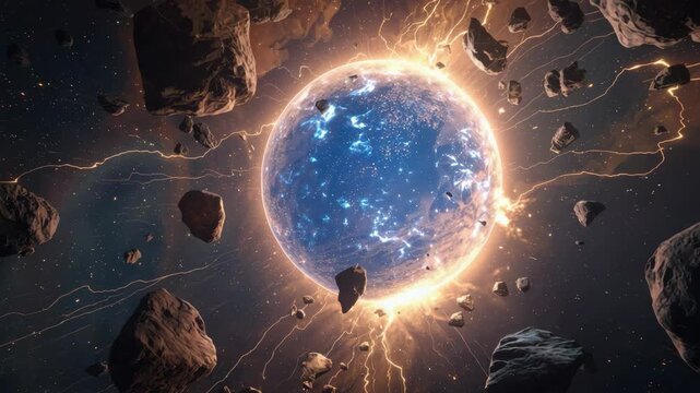 Electrified blue planet in space with fiery ring, asteroid debris and electric energy