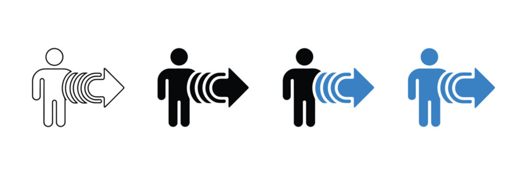 Set of four minimalist human figure icons with directional arrows and wave symbols for navigation user interface design and intuitive wayfinding systems