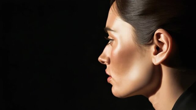 Porcelain profile portrait of woman with dramatic side lighting, closed eyes and moody beauty face