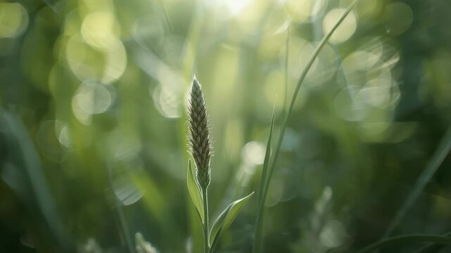 Green grass seed head with soft bokeh sunlight backlight glow and gentle morning mood