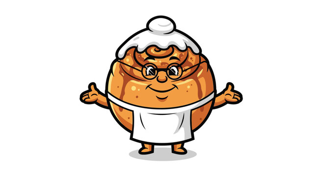 Cartoon cinnamon roll chef with glasses: whimsical bakery character design