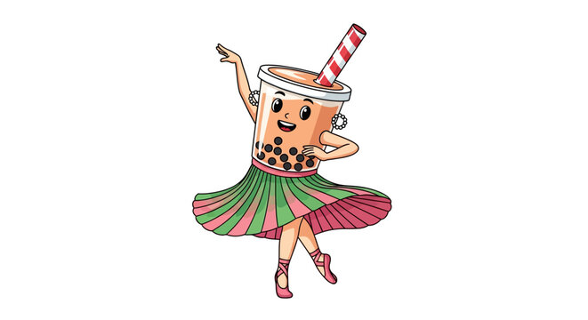 Dancing bubble tea cup character in colorful skirt and ballet shoes