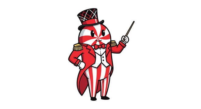 Peppermint circus ringleader character in festive suit with top hat and cane