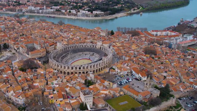 Aerial view of the old town of the city Arles on a sunny summer morning in France.