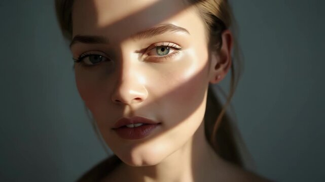 Soft portrait young woman close up with shadow patterns across face by window, contemplative