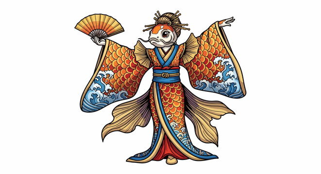 Fantasy koi fish geisha in ornate kimono with fan