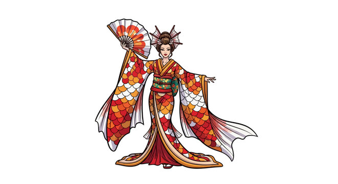 Elegant geisha in traditional kimono with colorful fan in detailed artwork