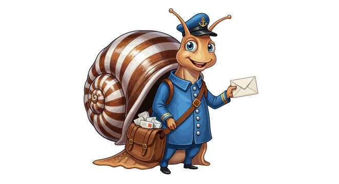 Cheerful snail postman in uniform delivering mail with a bag full of letters