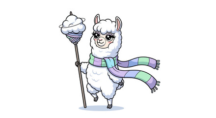 Obraz premium Cute alpaca character with scarf holding cotton candy on stick