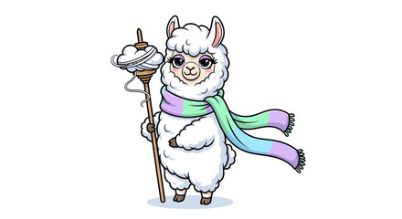 Obraz premium Cute cartoon llama with scarf and spinning wheel