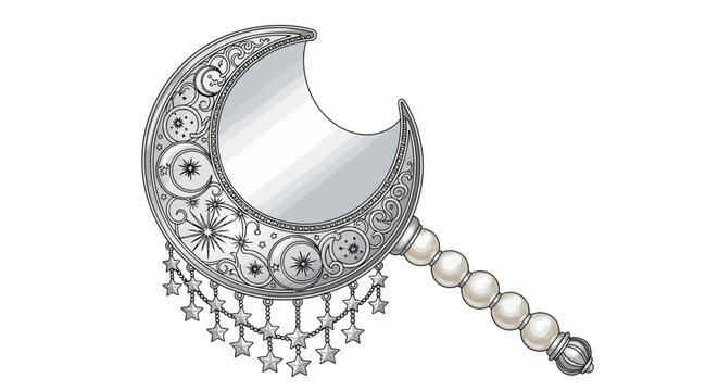 Elegant crescent moon hand mirror with intricate star and bead detailing