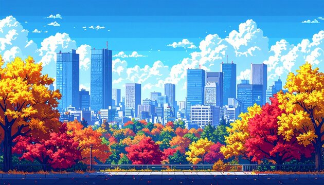 Pixel art of a modern Japanese city in autumn with ginkgo and maple trees