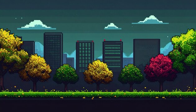 8-bit retro pixel art of autumn Tokyo city with ginkgo and maple trees