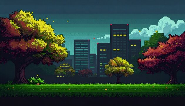 8-bit retro pixel art of autumn Tokyo city with ginkgo and maple trees
