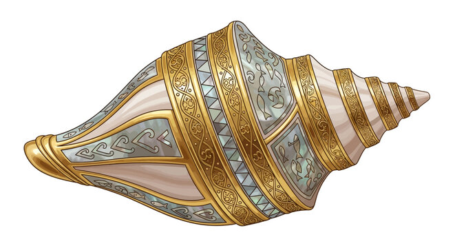 Ornate decorative conch shell with gold and silver intricate patterns on white background