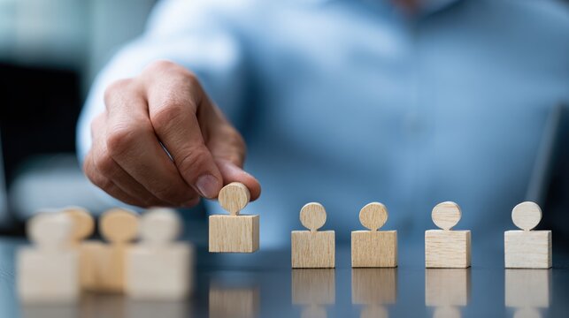 Hand selecting a wooden figure from a row of small people blocks for hiring decision leadership and team selection business concept