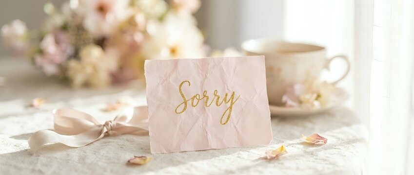 Soft pink sorry card with gold script lettering on elegant table with flowers and tea cup, apology and forgiveness concept.