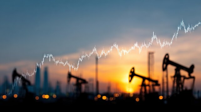 Rising fuel prices graph overlay on oil pump silhouette at sunset for economic report background and banner design