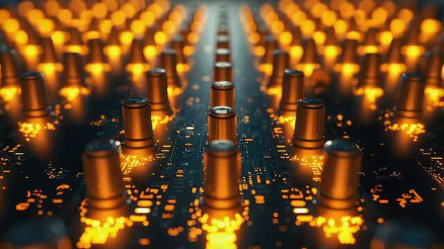 Glowing golden electronic circuit board with capacitor clusters, knobs and warm futuristic light