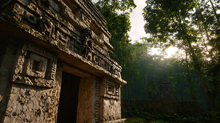 Fototapeta premium Ancient stone structure with intricate carvings nestled in a dense, sun-drenched jungle, showcasing historical craftsmanship and natural beauty