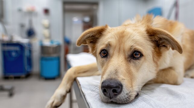Concerned dog with injured paw lying on veterinary clinic table for pet care banner or animal hospital website