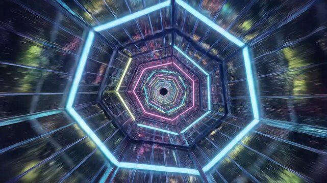 Abstract Neon Octagonal Tunnel with Futuristic Lights.