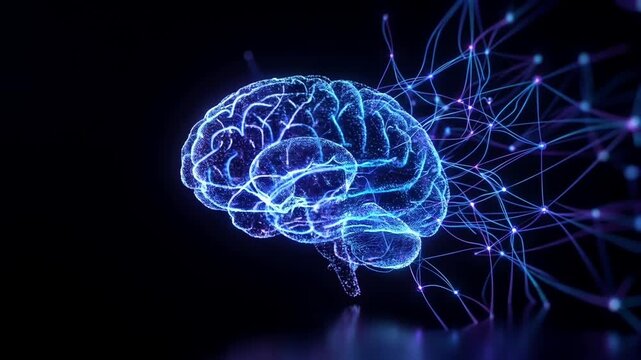 A futuristic digital brain animation composed of glowing blue particles and interconnected lines, symbolizing artificial intelligence, cloud computing, and the future of technology