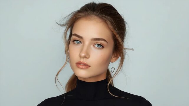 Young woman portrait with soft lighting, downcast gaze and closed eyes, elegant face with black