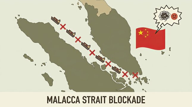 Retro style map illustration of Malacca Strait Blockade with Chinese flag reaction and trade refusal