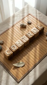 Wooden letter blocks spelling CONTROL on a bamboo mat with stones and a dry leaf, warm sunlight creating a calm, mindful atmosphere.