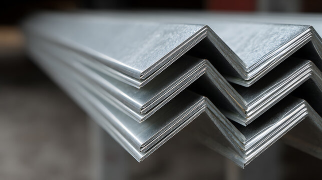 Industrial Steel Angle Bar Stack: Close-Up View of Galvanized Metal L-Beams, Durable Construction Material for Modern Architecture and Engineering