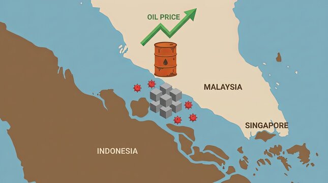 Vector map of Malacca Strait blockade with naval mines and rising oil prices