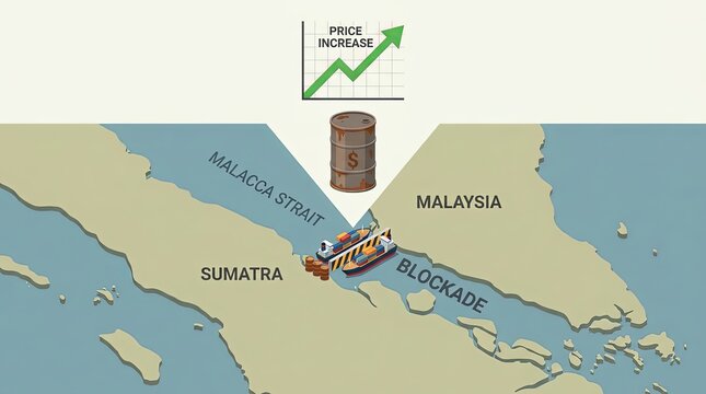 Isometric map of Malacca Strait shipping blockade leading to oil price increase