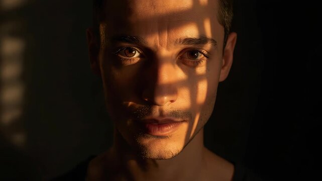 Young man portrait with dramatic window shadow and warm light casting striped shadows on face