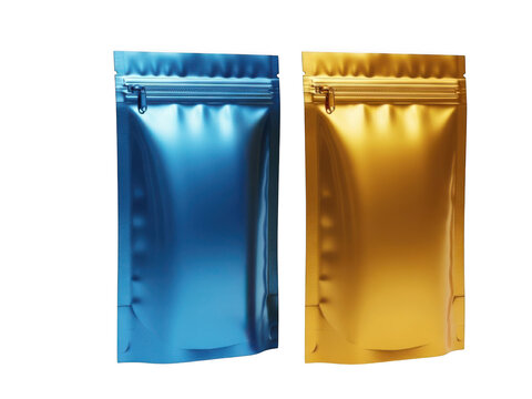 Metallic foil stand-up pouches in blue and gold, 3D render of flexible zipper bags for food packaging, blank doy-pack mockup set on white background