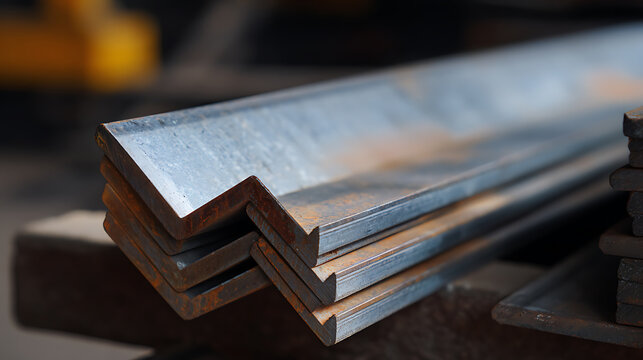 Stack of Metal Angle Bars with Rust Texture in Warehouse Setting, Industrial Raw Material for Construction, Engineering, and Manufacturing