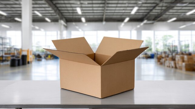 Open cardboard shipping box on metal table in bright warehouse background for packaging and e-commerce product display