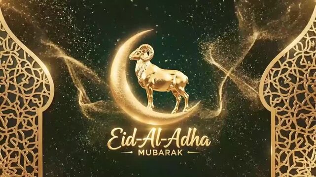Eid al-Adha Mubarak festive ram on crescent moon with decorative archways