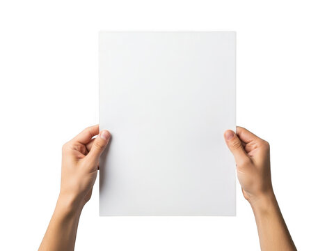 Blank white paper held by hands, vertical A4 document mockup on white background, person holding empty sheet for corporate presentation or flyer design
