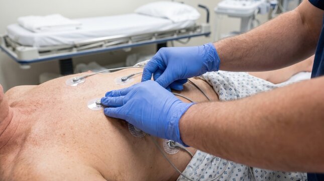 Healthcare worker placing sticky ecg electrode patches onto the chest of a male patient