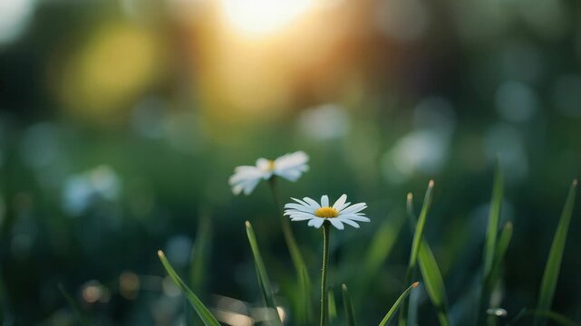 Sunlit daisy flower meadow grass bokeh warm glow white petals summer bloom meadow grass sunlight