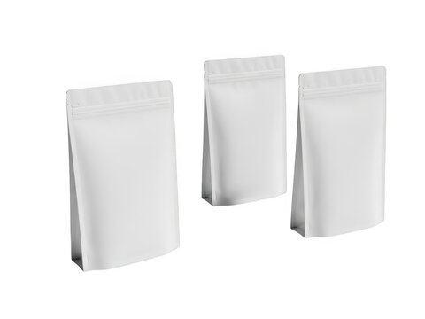 Blank white stand up pouch mockup set, three matte plastic doy-pack bags for food packaging, realistic 3D flexible foil sachet containers on white background